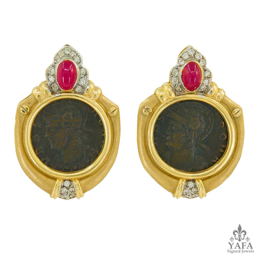 Roman Coin Ruby Diamond Earrings