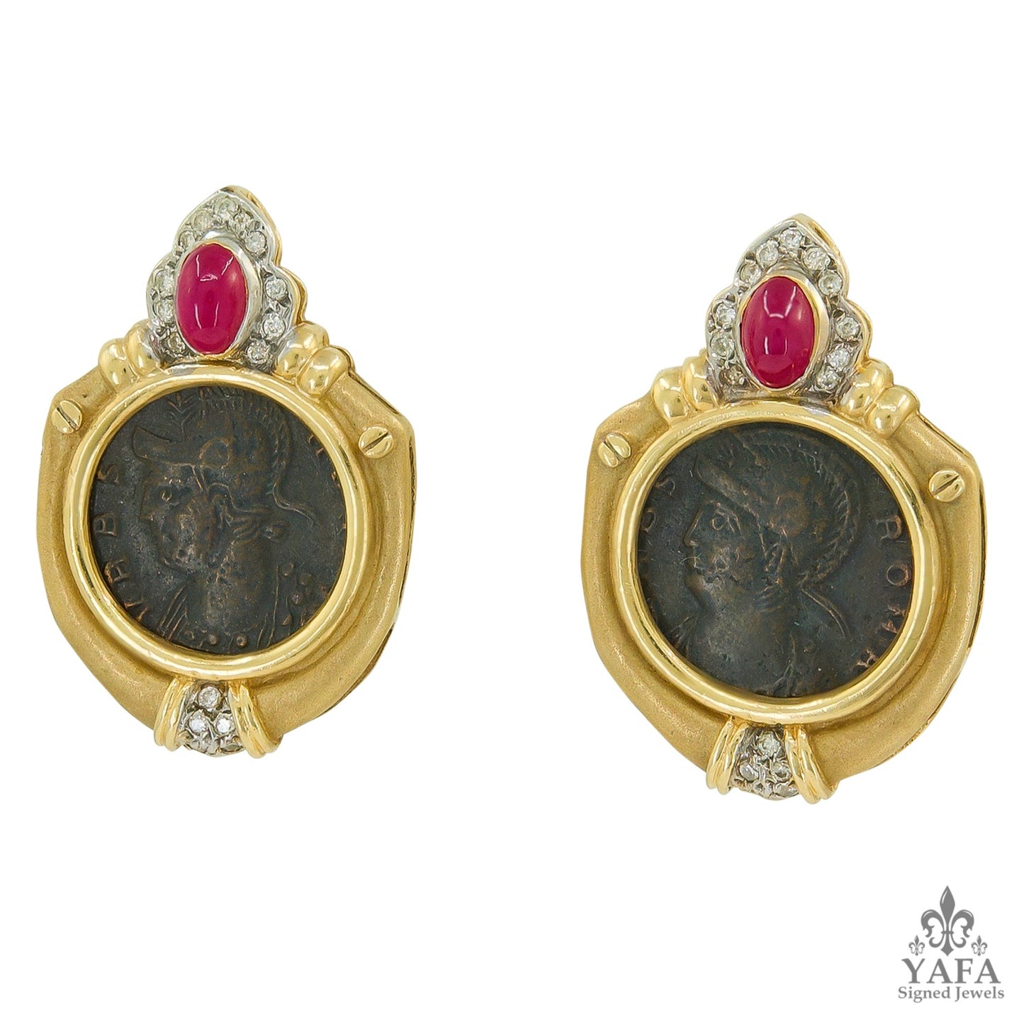 Roman Coin Ruby Diamond Earrings