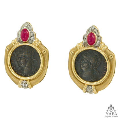 Roman Coin Ruby Diamond Earrings