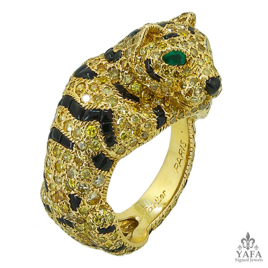 CARTIER Fancy Yellow Diamond, Onyx, Emerald Panther Ring