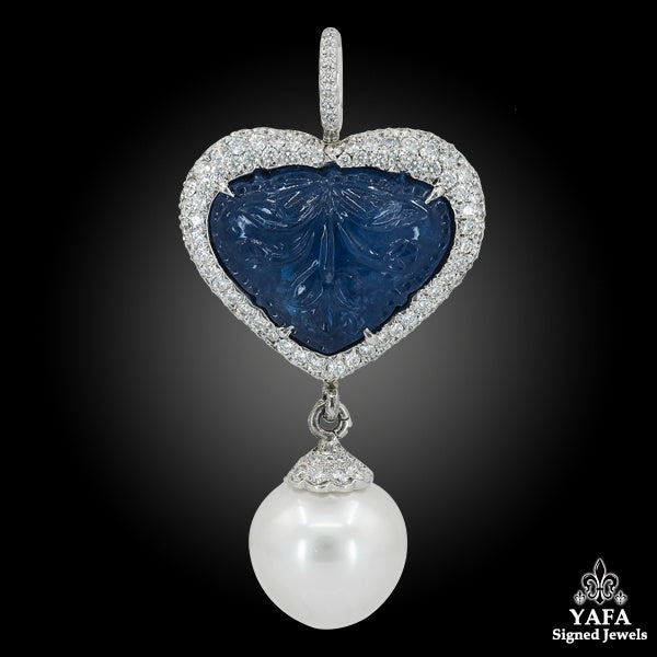 18k Gold Carved Sapphire, Diamond & Pearl Pendant/Brooch