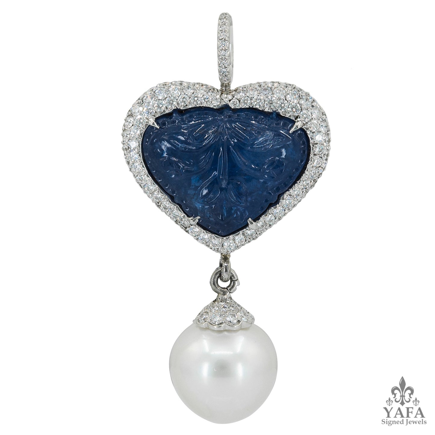 18k Gold Carved Sapphire, Diamond & Pearl Pendant/Brooch