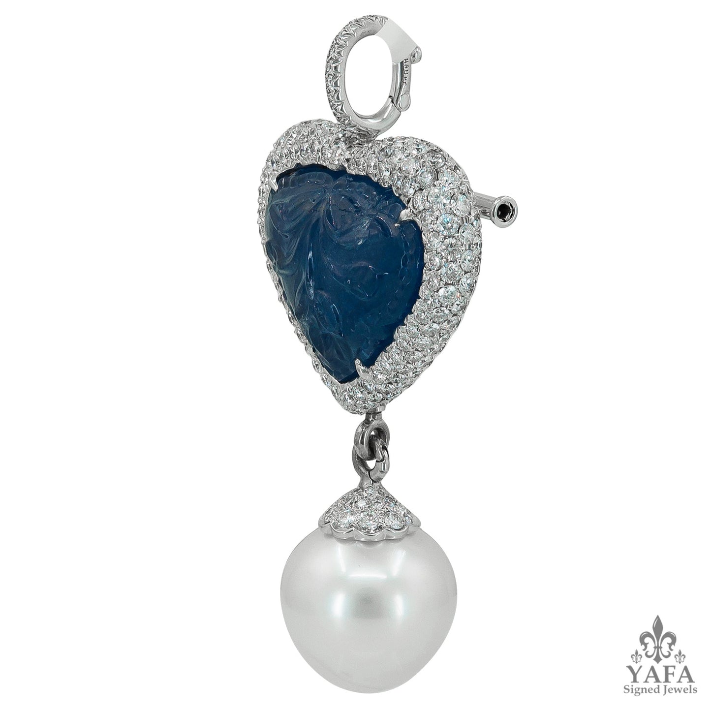 18k Gold Carved Sapphire, Diamond & Pearl Pendant/Brooch