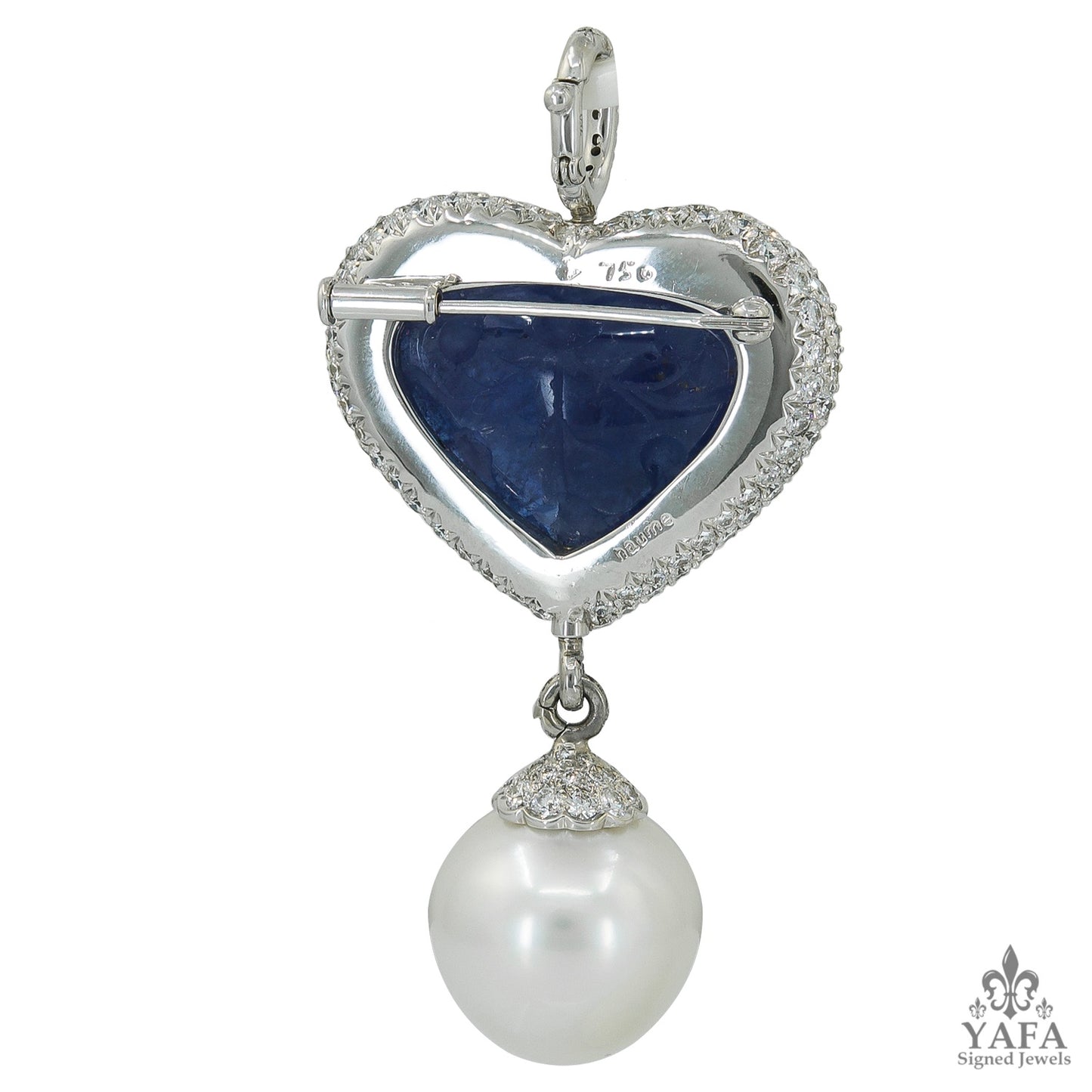 18k Gold Carved Sapphire, Diamond & Pearl Pendant/Brooch