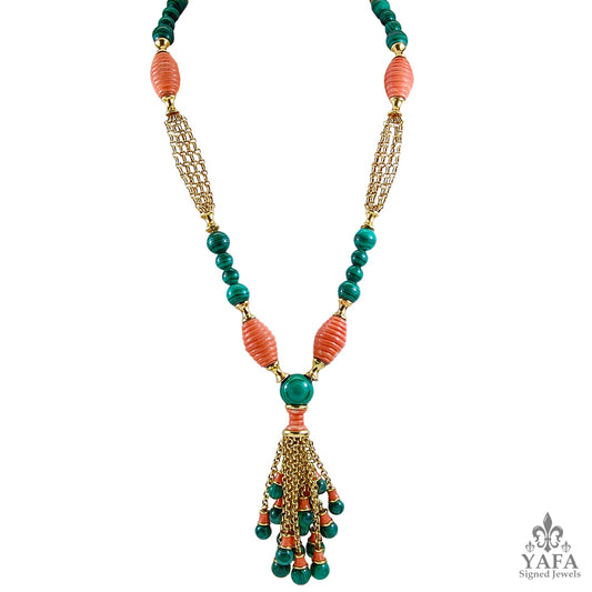 CARTIER Coral, Malachite Tassel Gold Necklace