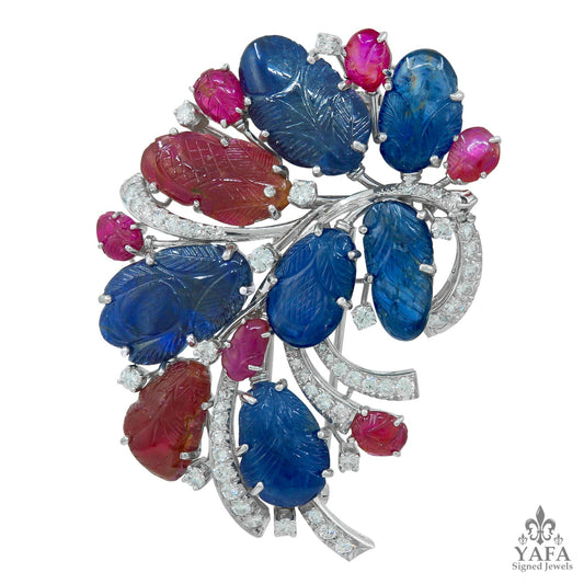 Carved Sapphire Ruby Diamond Flower Brooch