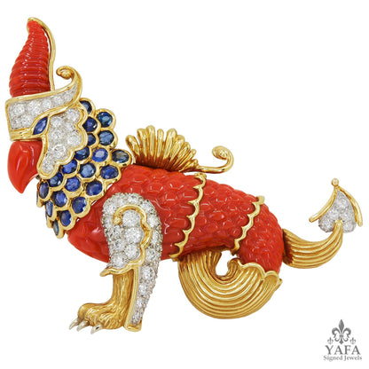 CARTIER Diamond, Sapphire & Carved Coral Griffin Brooch