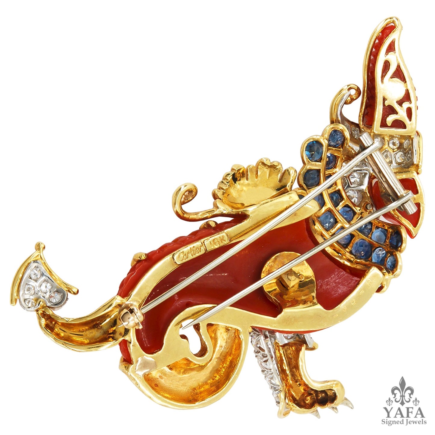 CARTIER Diamond, Sapphire & Carved Coral Griffin Brooch