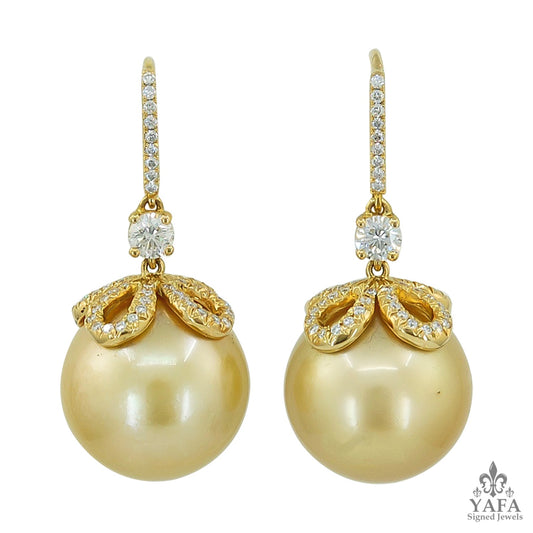 18k Gold Diamond & Golden Pearl Earrings