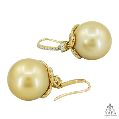 18k Gold Diamond & Golden Pearl Earrings