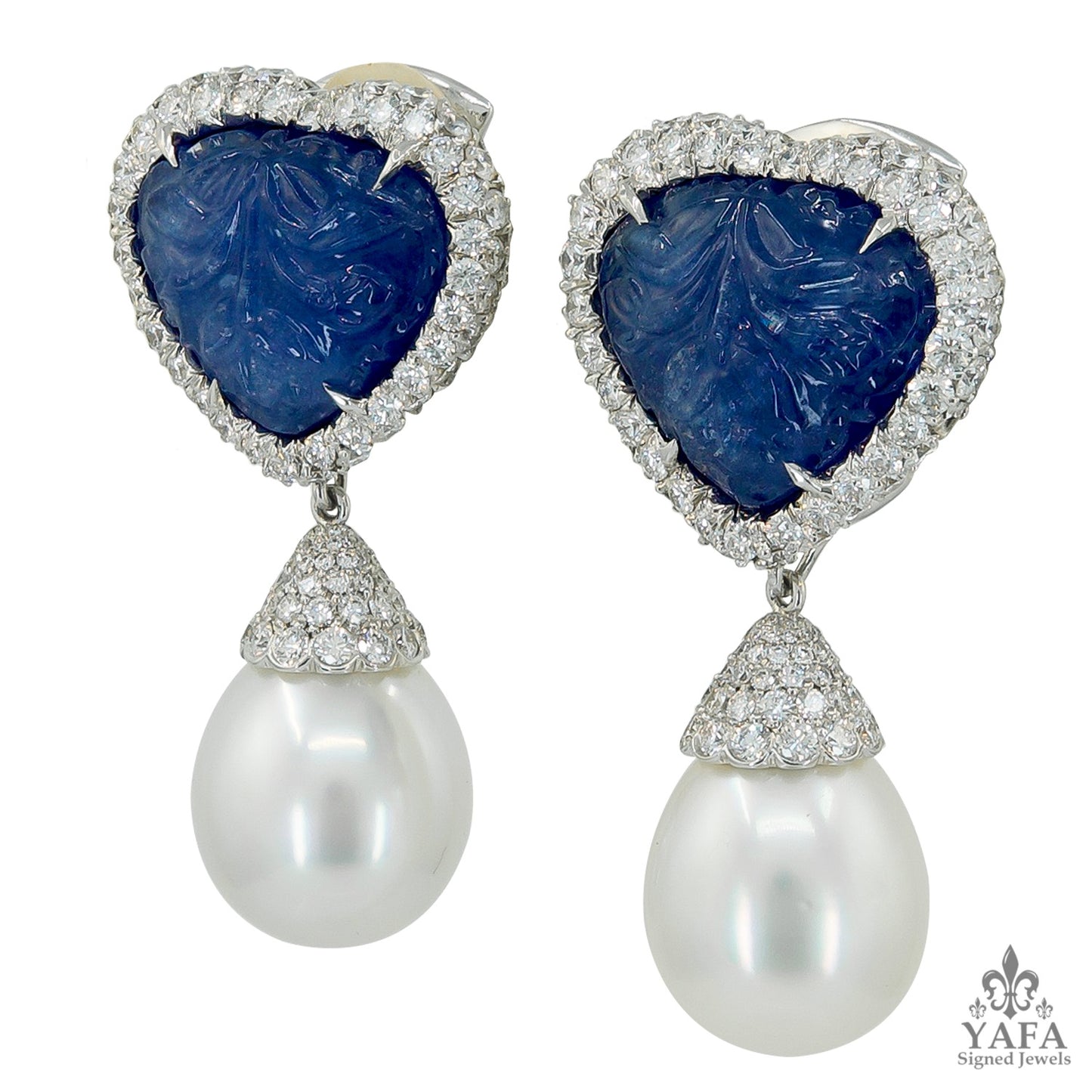 ADRIA HAUME 18k Gold Diamond, South Sea Pearl, Carved Sapphire Earrings