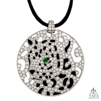 CARTIER Diamond, Emerald, Onyx Panther Disc Pendant/Necklace