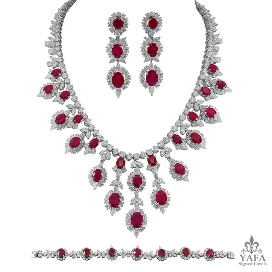 18k Gold Diamond, Burma Ruby Necklace Suite