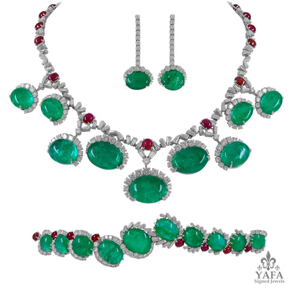 CARTIER Diamond, Cabochon Ruby, Emerald Necklace Suite