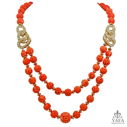 VAN CLEEF & ARPELS Carved Coral Beads, Diamond Necklace & Earrings