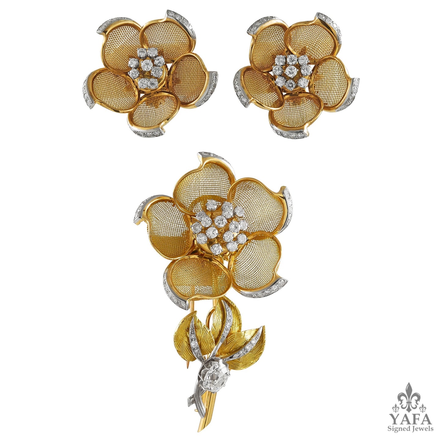 18k Yellow Gold Diamond Mesh Flower Brooch, Earrings