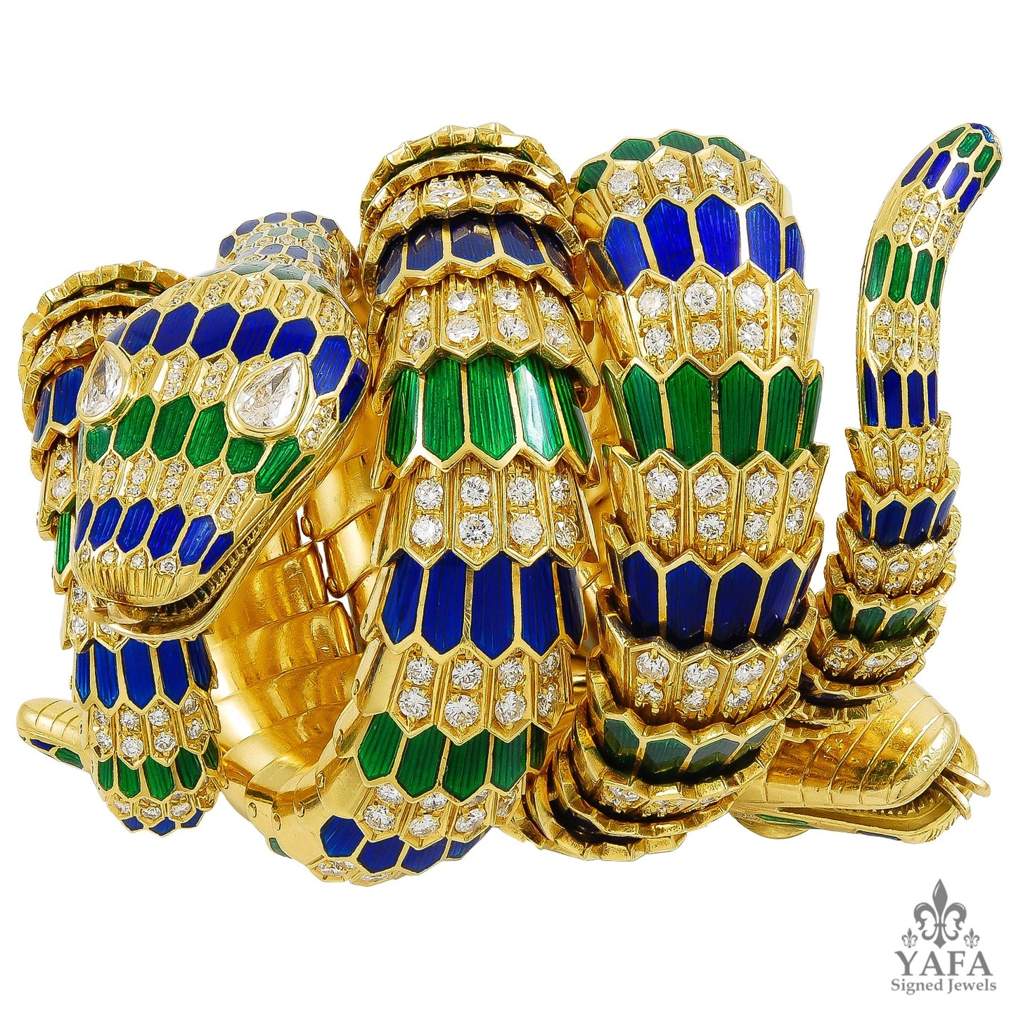 18k Yellow Gold Diamond, Green and Blue Enamel Snake Bracelet