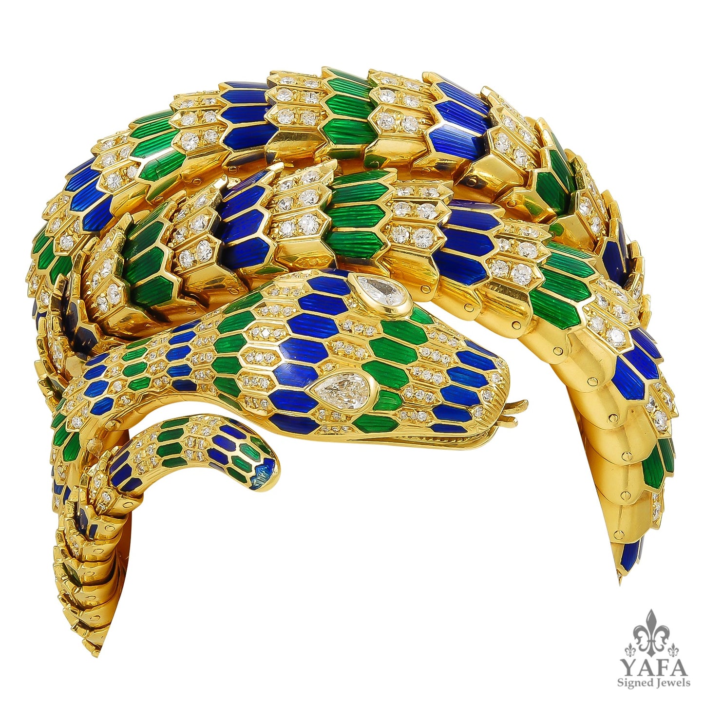 18k Yellow Gold Diamond, Green and Blue Enamel Snake Bracelet