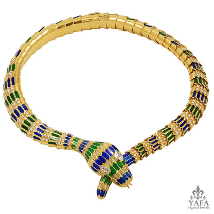18k Gold Green/Blue Enamel Diamond Snake Necklace, Earrings