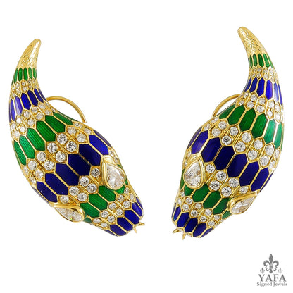 18k Gold Green/Blue Enamel Diamond Snake Necklace, Earrings