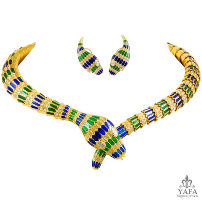 18k Gold Green/Blue Enamel Diamond Snake Necklace, Earrings