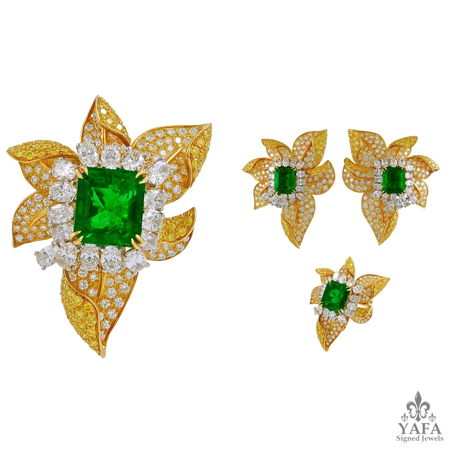 HARRY WINSTON Fancy Yellow, White Diamond and Emerald Earrings, Ring