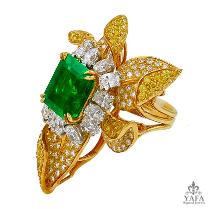 HARRY WINSTON Fancy Yellow, White Diamond and Emerald Earrings, Ring