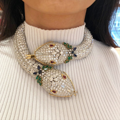 HARRY WINSTON Diamond Ruby Emerald Sapphire Two Head Serpenti Necklace