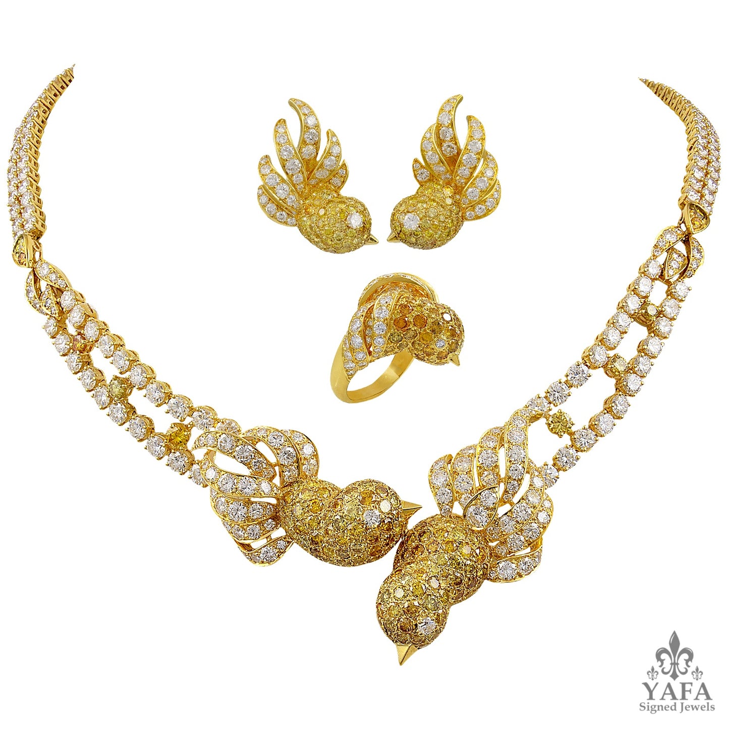 M.GERARD Fancy Yellow, White Diamond Bird Necklace Suite