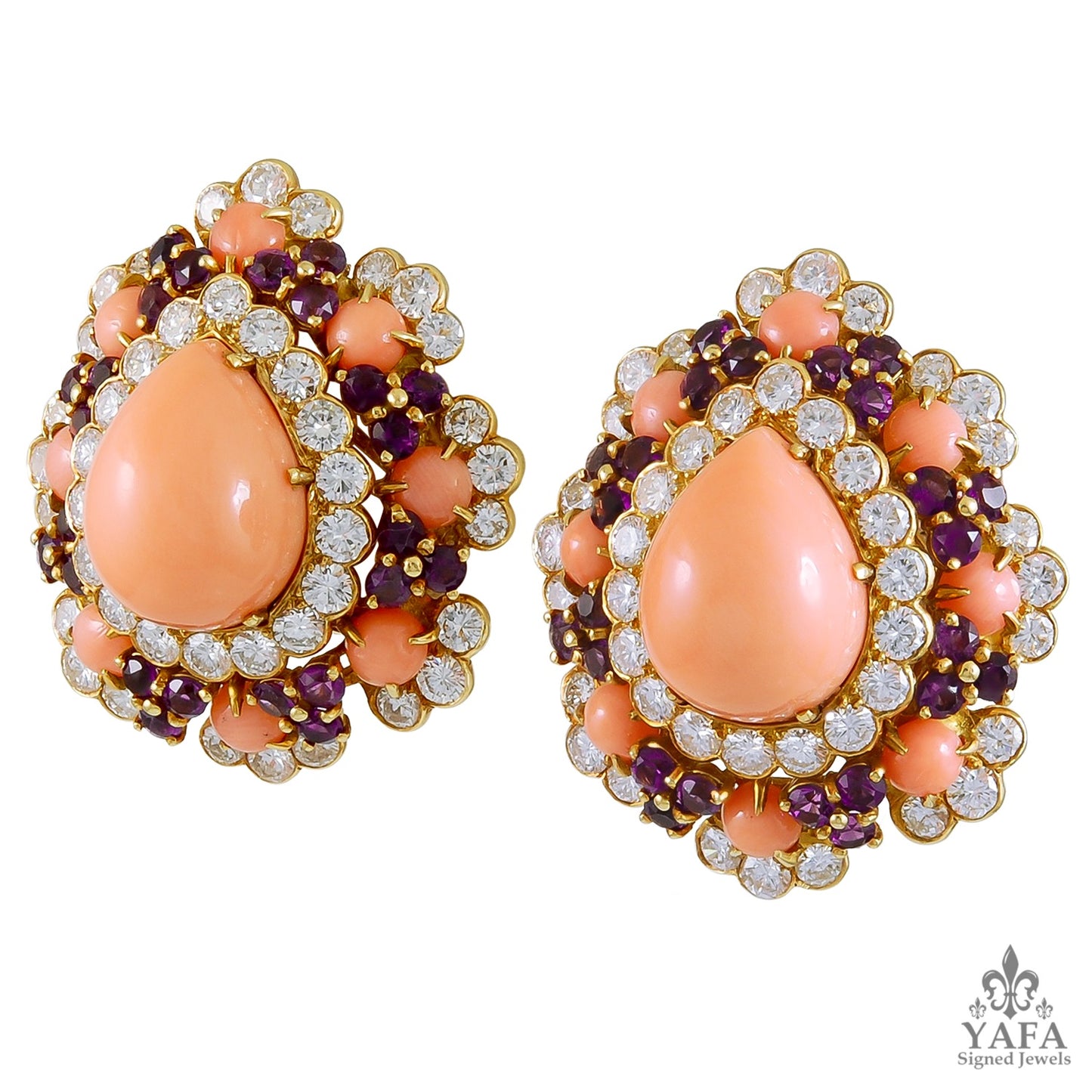 VAN CLEEF & ARPELS Coral, Amethyst & Diamond Brooch/Pendant & Earrings