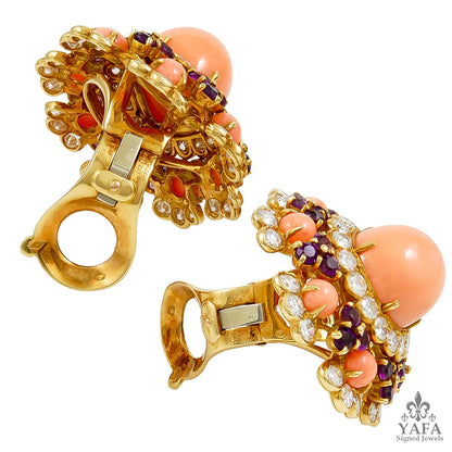 VAN CLEEF & ARPELS Coral, Amethyst & Diamond Brooch/Pendant & Earrings