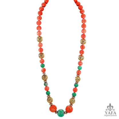 VAN CLEEF & ARPELS Diamond, Carved Coral, Jade Bead Necklace