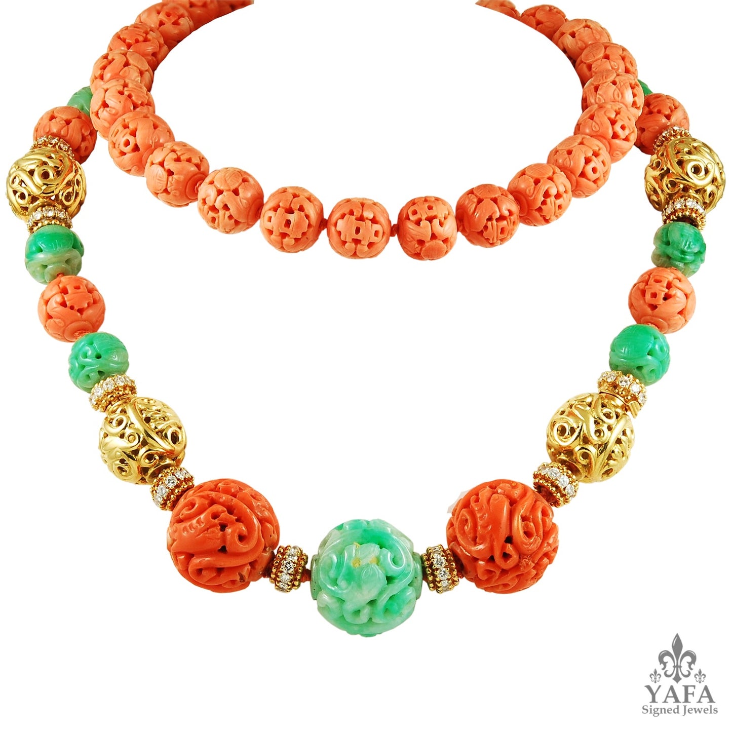 VAN CLEEF & ARPELS Diamond, Carved Coral, Jade Bead Necklace
