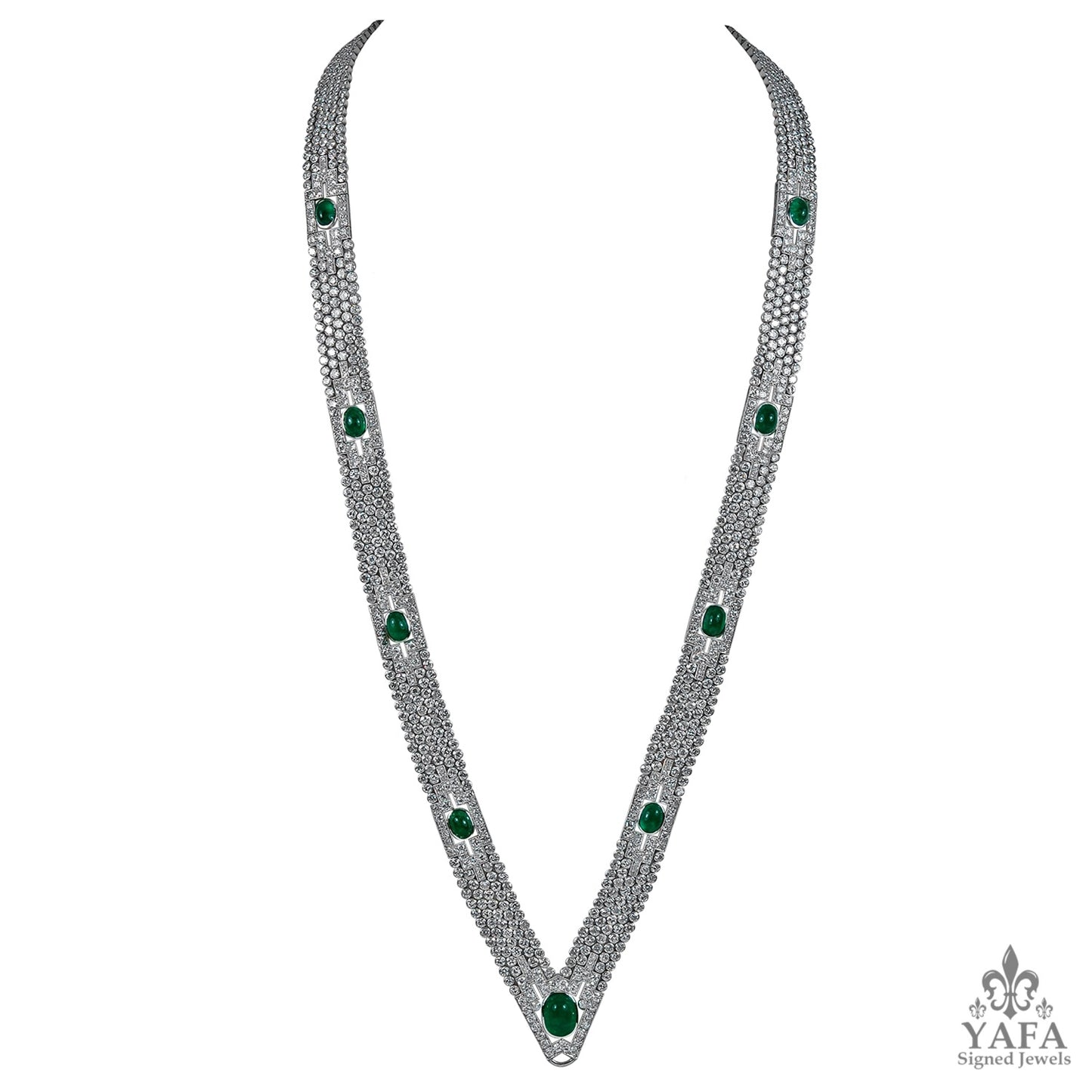 Art Deco Platinum Diamond & Cabochon Emerald Necklace