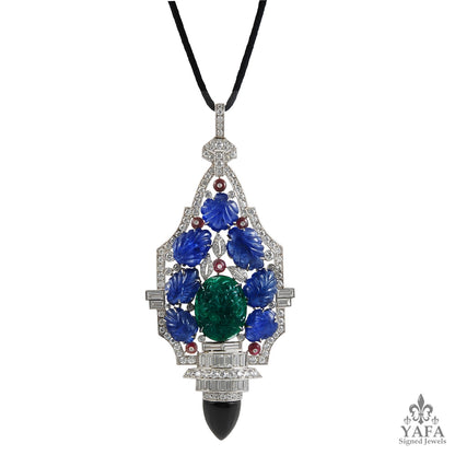 Platinum Diamond, Carved Sapphire, Emerald Necklace