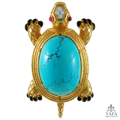 DAVID WEBB Two Tone Diamond, Turquoise, Ruby Turtle Brooch