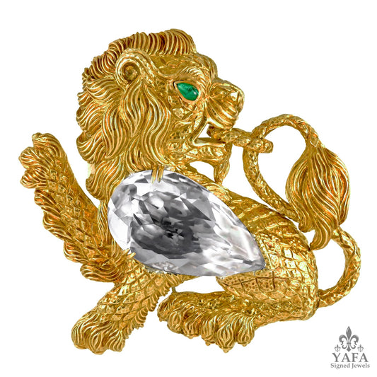 DAVID WEBB Kingdom Lion Rock Crystal Emerald Brooch