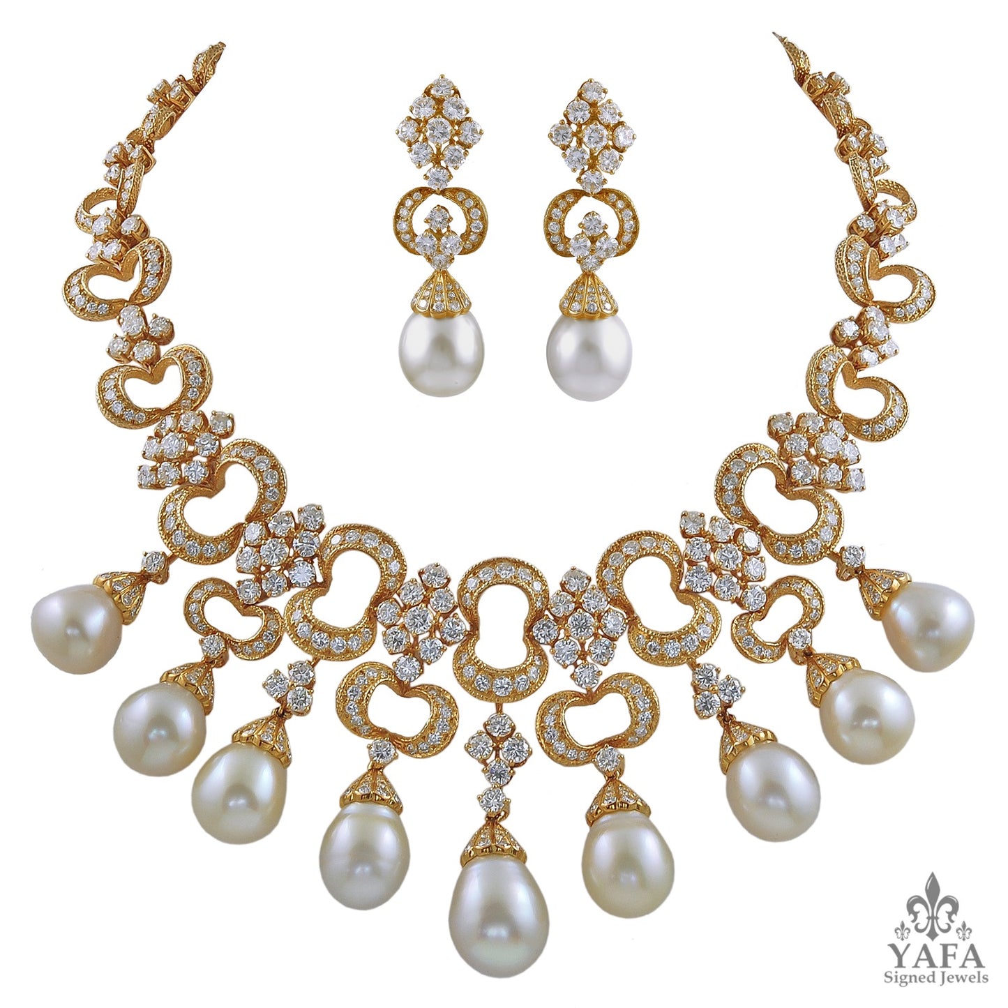 Rocaille-Style Pearl Diamond Fringe Necklace Earrings Suite