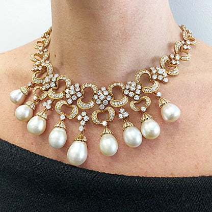 Rocaille-Style Pearl Diamond Fringe Necklace Earrings Suite