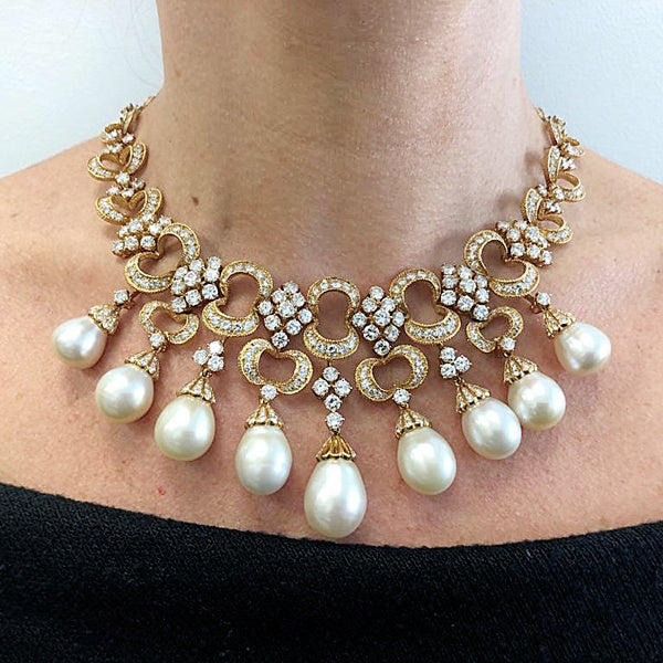 Rocaille-Style Pearl Diamond Fringe Necklace Earrings Suite