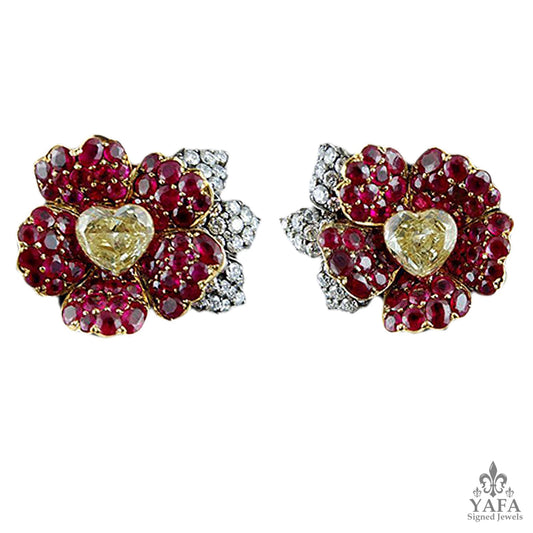 18k Gold Diamond & Ruby Flower Earrings