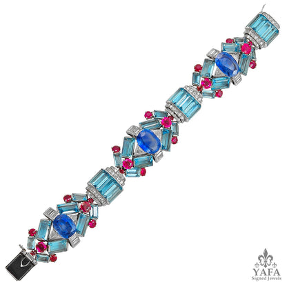ART DECO Platinum Aquamarine, Sapphire, Ruby & Diamond Bracelet