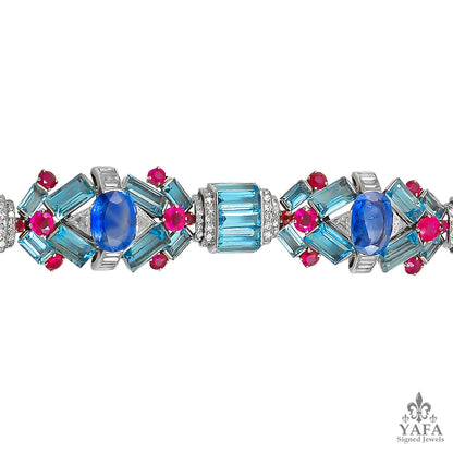 ART DECO Platinum Aquamarine, Sapphire, Ruby & Diamond Bracelet