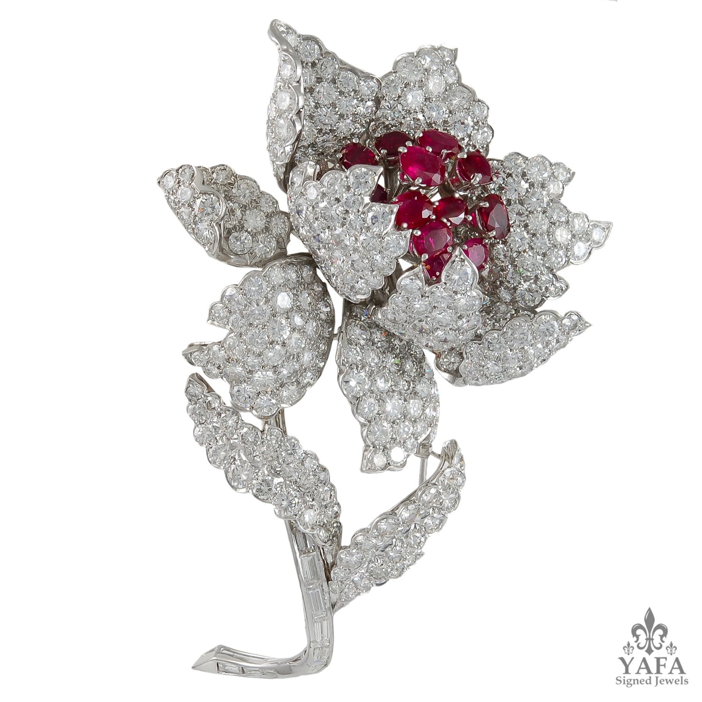 HARRY WINSTON Diamond & Ruby Flower Brooch