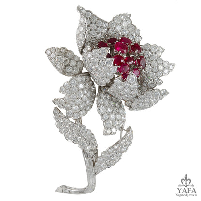 HARRY WINSTON Diamond & Ruby Flower Brooch