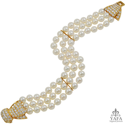 VAN CLEEF & ARPELS Diamond & 3 Row Pearl Bow Bracelet