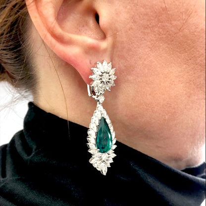 Diamond Pear Emerald Drop Earrings