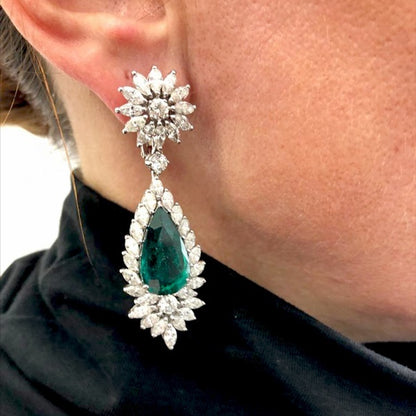 Diamond Pear Emerald Drop Earrings