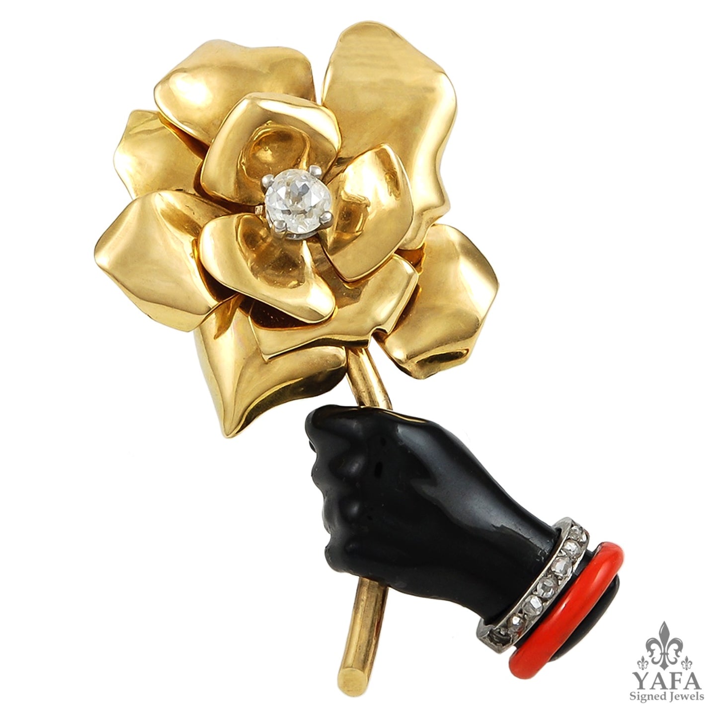 CARTIER Diamond Flower Enamel Coral Hand Brooch