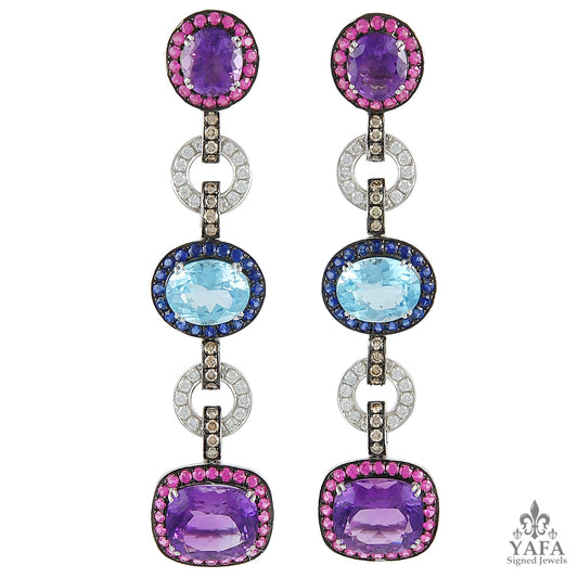 A Pair of Diamond and Gemstones Dangling Earrings
